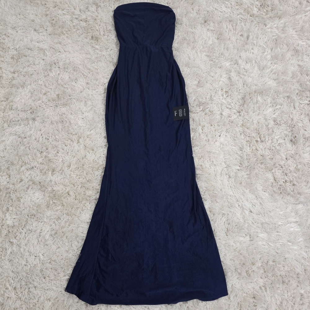 Lulus Lace Up Ruched Back Strapless Maxi Dress Navy Blue Formal Womens FLAW